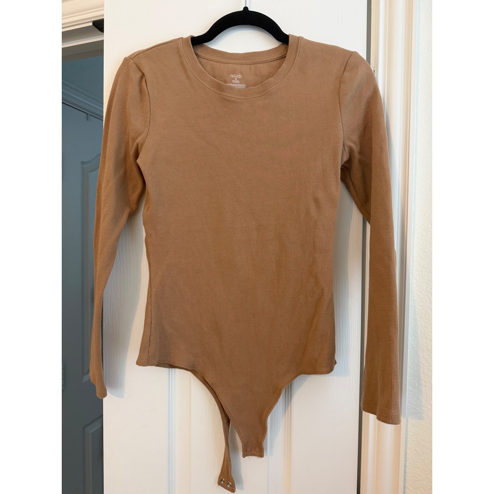 Nuuds Women Ribbed Long Sleeve Bodysuit Tan Brown Crew Neck Size M